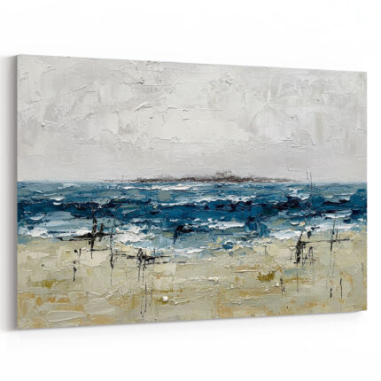 Impressionistisches Strandgemälde in gedämpften Grau- und Blautönen mit strukturiertem Farbauftrag