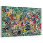 Expressives Action-Painting mit bunten Farbspritzern und gestischen Pinselspuren auf türkisem Grund