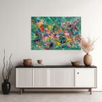 Expressives Action-Painting mit bunten Farbspritzern und gestischen Pinselspuren auf türkisem Grund – Bild 2