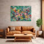 Expressives Action-Painting mit bunten Farbspritzern und gestischen Pinselspuren auf türkisem Grund – Bild 3