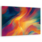 Fließende Farbwellen in leuchtendem Orange, Türkis und Blau als harmonisch-dynamische abstrakte Komposition