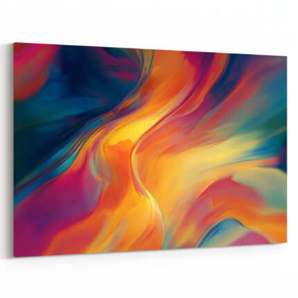 Fließende Farbwellen in leuchtendem Orange, Türkis und Blau als harmonisch-dynamische abstrakte Komposition