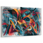 Dynamisches Urban-Art-Gemälde mit kalligrafischen Formen in Rot, Orange, Türkis und Schwarz