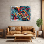 Dynamisches Urban-Art-Gemälde mit kalligrafischen Formen in Rot, Orange, Türkis und Schwarz – Bild 3