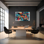 Dynamisches Urban-Art-Gemälde mit kalligrafischen Formen in Rot, Orange, Türkis und Schwarz – Bild 4