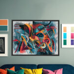 Dynamisches Urban-Art-Gemälde mit kalligrafischen Formen in Rot, Orange, Türkis und Schwarz – Bild 6