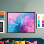 Freies Farbspiel in Pink und Blau mit Spritzern und geschwungenen Linien auf hellem Hintergrund – Bild 6