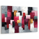 Abstrakter Expressionismus mit strukturierten Rechteckflächen in Rot, Rosa und Weiß auf Grau