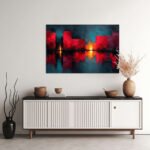 Dramatische Stadtsilhouette mit leuchtend roten Rechteckblöcken und goldenen Reflexen auf dunklem Teal-Untergrund – Bild 2