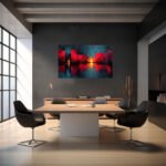 Dramatische Stadtsilhouette mit leuchtend roten Rechteckblöcken und goldenen Reflexen auf dunklem Teal-Untergrund – Bild 4