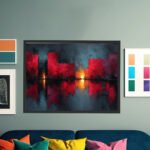 Dramatische Stadtsilhouette mit leuchtend roten Rechteckblöcken und goldenen Reflexen auf dunklem Teal-Untergrund – Bild 6