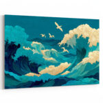 Japanisch inspiriertes Wellengemälde in Teal und Dunkelblau mit goldenen Schaumkronen und Möwen