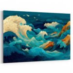 Lebhafte Meereslandschaft in leuchtendem Teal, Türkis und Orange mit stilisierten japanischen Wellen