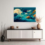 Lebhafte Meereslandschaft in leuchtendem Teal, Türkis und Orange mit stilisierten japanischen Wellen – Bild 2