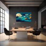 Lebhafte Meereslandschaft in leuchtendem Teal, Türkis und Orange mit stilisierten japanischen Wellen – Bild 4