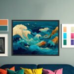 Lebhafte Meereslandschaft in leuchtendem Teal, Türkis und Orange mit stilisierten japanischen Wellen – Bild 6