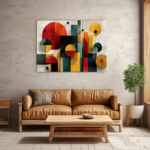 Bauhaus-inspirierte Komposition aus geometrischen Grundformen in Rot, Gelb, Teal und Schwarz – Bild 3