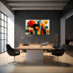 Bauhaus-inspirierte Komposition aus geometrischen Grundformen in Rot, Gelb, Teal und Schwarz – Bild 4