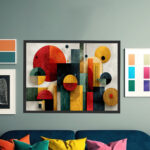 Bauhaus-inspirierte Komposition aus geometrischen Grundformen in Rot, Gelb, Teal und Schwarz – Bild 6