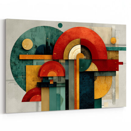 Konstruktivistische Abstraktion mit großen Kreisformen und Rechteckelementen in Rot, Teal und Goldgelb