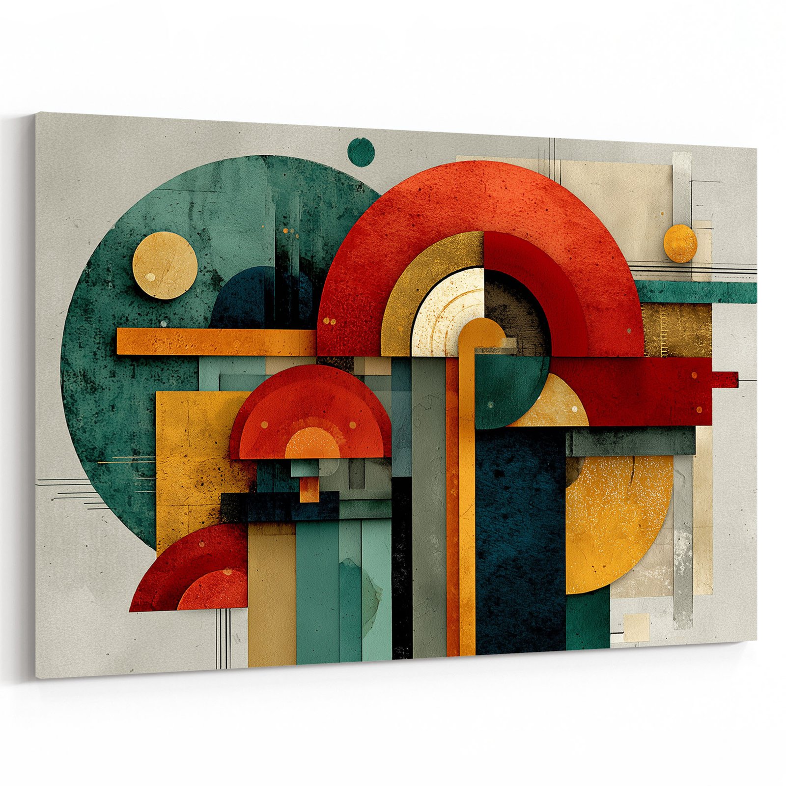 Abstract_048_leinwandbild Konstruktivistische Abstraktion mit großen Kreisformen und Rechteckelementen in Rot, Teal und Goldgelb – Bild 1