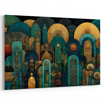 Art-Déco-Architekturvision mit ornamentalen Bögen, Palmblättern und goldenen Details in Teal und Gold