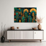 Art-Déco-Architekturvision mit ornamentalen Bögen, Palmblättern und goldenen Details in Teal und Gold – Bild 2