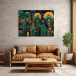 Art-Déco-Architekturvision mit ornamentalen Bögen, Palmblättern und goldenen Details in Teal und Gold – Bild 3