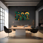 Art-Déco-Architekturvision mit ornamentalen Bögen, Palmblättern und goldenen Details in Teal und Gold – Bild 4