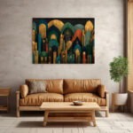 Mystische Großstadtarchitektur im Art-Déco-Stil mit goldenen Ornamenten auf dunklem Teal-Hintergrund – Bild 3