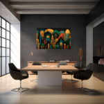 Mystische Großstadtarchitektur im Art-Déco-Stil mit goldenen Ornamenten auf dunklem Teal-Hintergrund – Bild 4