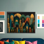 Mystische Großstadtarchitektur im Art-Déco-Stil mit goldenen Ornamenten auf dunklem Teal-Hintergrund – Bild 6