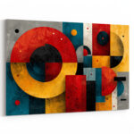 Expressiv-geometrische Komposition aus großen Kreisformen und Quadraten in Dunkelrot, Orange und Teal