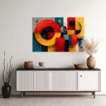 Expressiv-geometrische Komposition aus großen Kreisformen und Quadraten in Dunkelrot, Orange und Teal – Bild 2