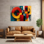 Expressiv-geometrische Komposition aus großen Kreisformen und Quadraten in Dunkelrot, Orange und Teal – Bild 3