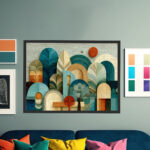 Architektonisch-botanische Komposition aus stilisierten Baumformen und Bögen in Teal, Holz und Creme – Bild 6