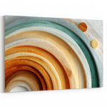 Konzentrische Halbkreisringe in Erdtönen und Teal als ruhige minimalistische Bogenskulptur