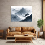 Stimmungsvolle Berglandschaft im blauen Morgennebel mit einsamer Bonsai-Silhouette – Bild 3