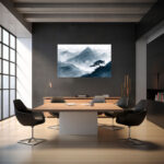 Stimmungsvolle Berglandschaft im blauen Morgennebel mit einsamer Bonsai-Silhouette – Bild 4