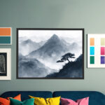 Stimmungsvolle Berglandschaft im blauen Morgennebel mit einsamer Bonsai-Silhouette – Bild 6