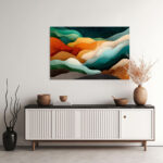 Geschwungene Farbwellen in Teal, Orange und Creme als organische Schichtlandschaft mit Goldstaub – Bild 2