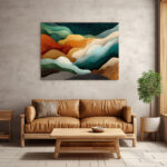 Geschwungene Farbwellen in Teal, Orange und Creme als organische Schichtlandschaft mit Goldstaub – Bild 3