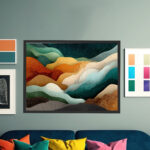 Geschwungene Farbwellen in Teal, Orange und Creme als organische Schichtlandschaft mit Goldstaub – Bild 6