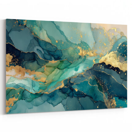 Elegante Teal-Alkoholtinte-Komposition mit goldenen Akzenten und dynamischen Farbübergängen