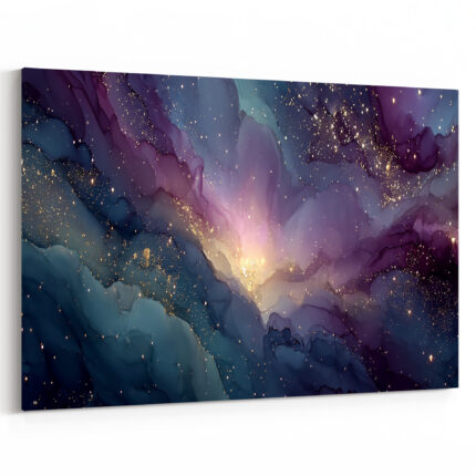 Kosmische Galaxienkomposition in Dunkelblau, Lila und Türkis mit goldenen Sternenpartikeln