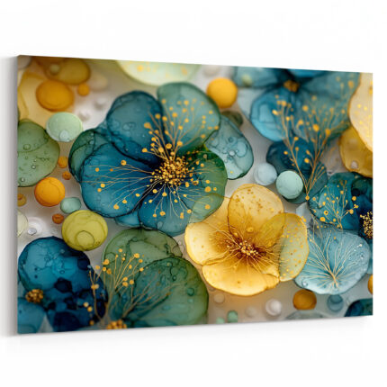 Botanische Alkoholtinte-Blütenkomposition in Teal und Gold mit gelben Blüten und goldenen Staubfäden