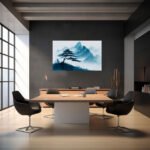 Dramatische Bergspitzen mit Kiefernsilhouette in tiefem Indigoblau und Morgendunst – Bild 4