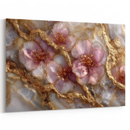 Kirschblüten eingebettet in Onyx-Marmor mit goldenen Adern und durchscheinenden Kristallflächen