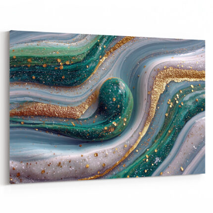 Elegante Fluid-Art-Landschaft in Smaragdgrün, Teal und Grau mit goldenen Einschlüssen und Fließtexturen