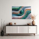 Elegante Fluid-Art-Landschaft in Smaragdgrün, Teal und Grau mit goldenen Einschlüssen und Fließtexturen – Bild 2